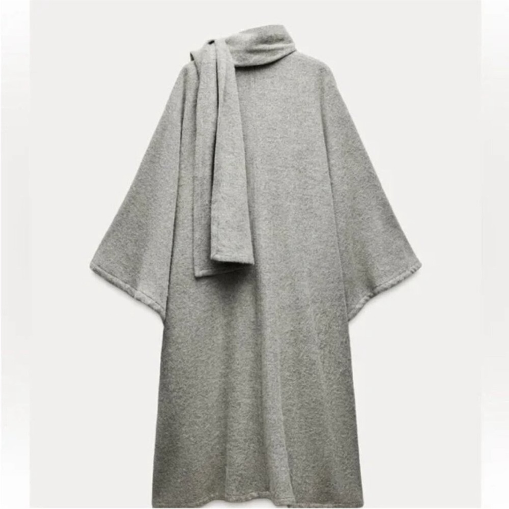 NEW W TAGS Zara Alpaca Wool Blend  Medium Grey Scarf Cape Coat - Picture 6 of 10